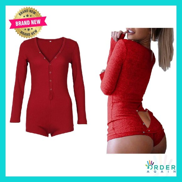 Sexy Long Sleeve Bodysuit Romper Deep V Neck Bodycon Pajama Onesie Chic
